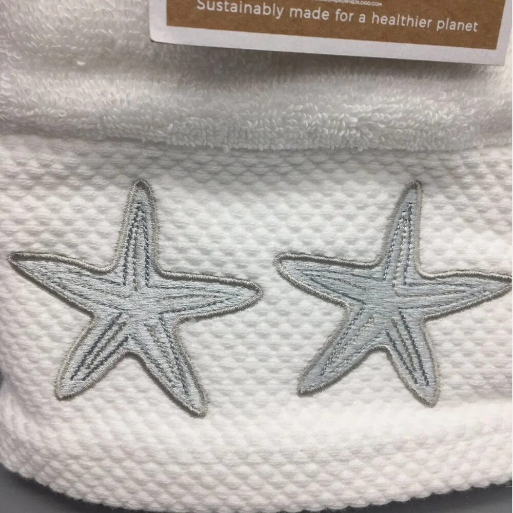 Deborah Connolly Silver Starfish Hand Towel Set of 2 Embroidered Ocean Bathroom